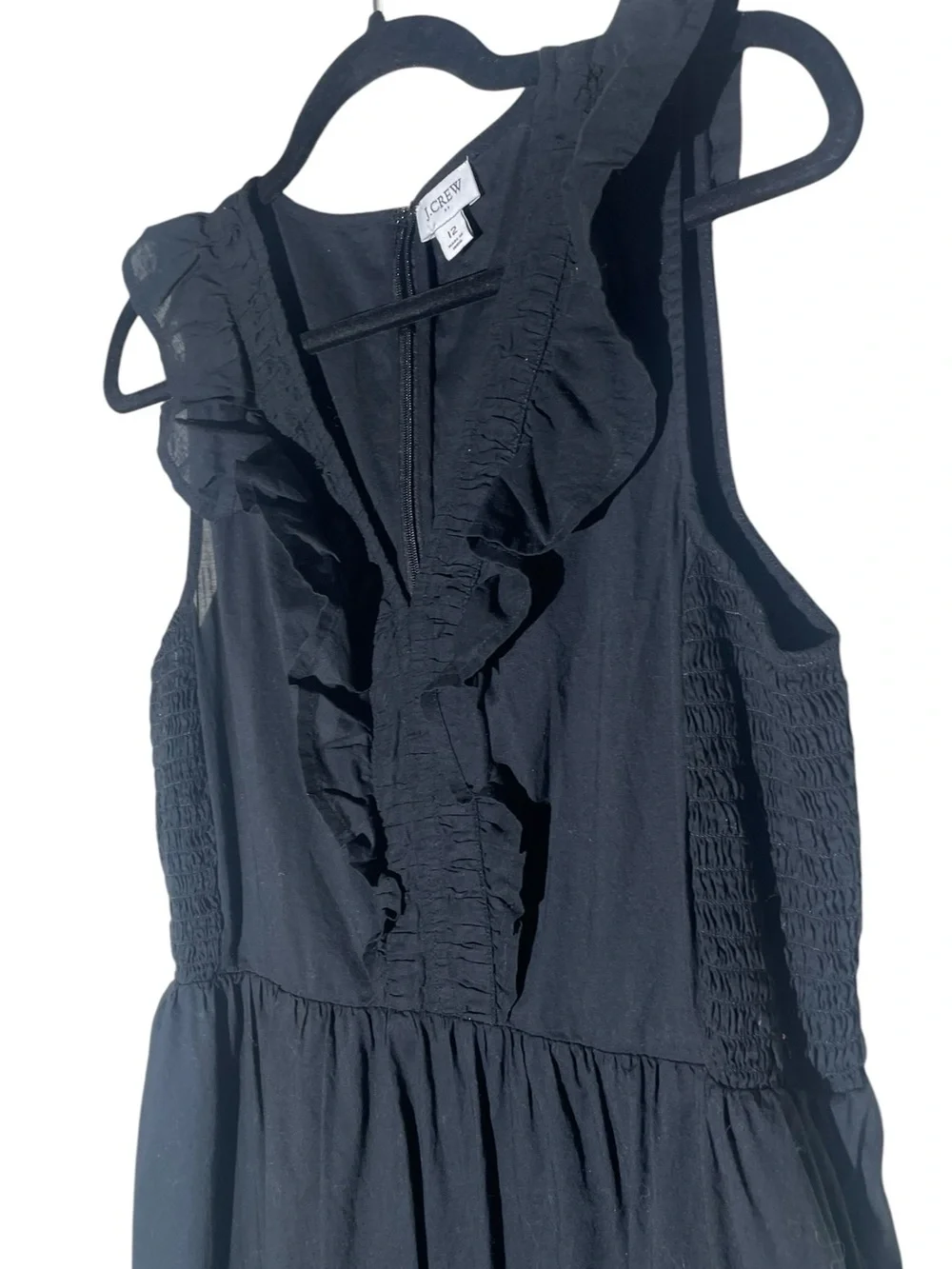 J.Crew Black 100% Cotton Ruffle Tiered Midi Dress Sleeveless Pockets Sz 12 Boho